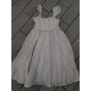 RuffleButts Womens Pastel Seersucker Tiered Maxi Dress Pink Blue Green Striped L